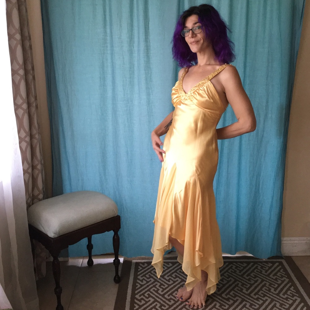 BETSY AND ADAM Beaded strap yellow Mermaid gown